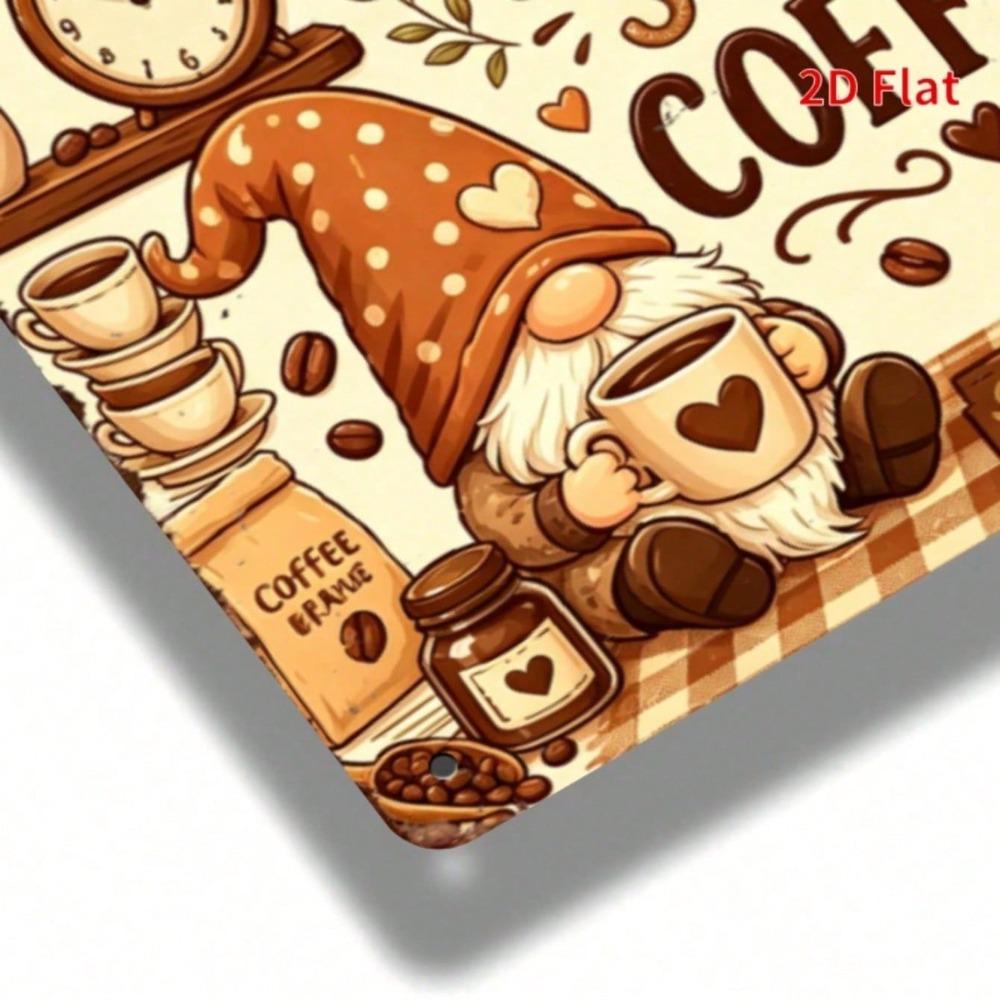Vintage Gnome Coffee Tin Sign, Checkered Bar Kitchen Wall Art, Retro Farmhouse Decor, 7.87x11.81 In