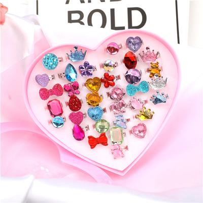 36pcs/Set Cute Adjustable Rings Children Girls Pretend Play Makeup Toys Cartoon Crystal Jewelry