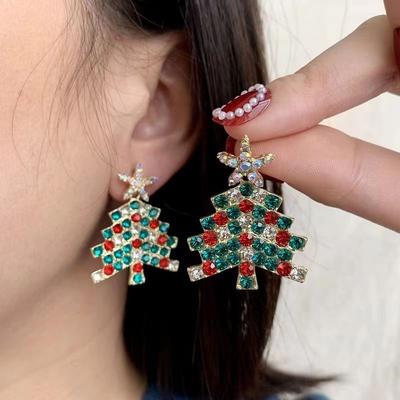 Bunte Weihnachtsbaum Kristall Zirkon Stern Silberfarbe Ohrstecker Hänger Mode Schmuck Damen Weihnachten Party Geschenk
