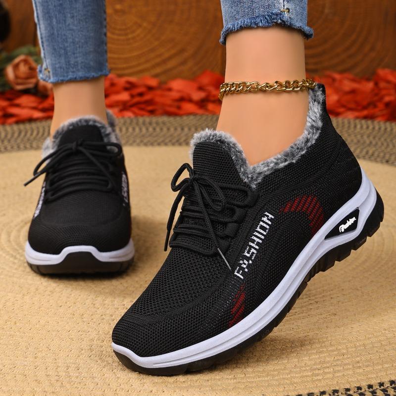 Women Winter Fleece Lined Knit Mesh Walking Shoes, Soft Sole Casual Sports Sneakers for Elderly Mom