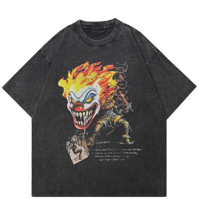 Sokak Giyim Palyaço Grafik Tişört Pamuk Yıkanmış Siyah Tişört Unisex Oversize Kısa Kollu Tişört
