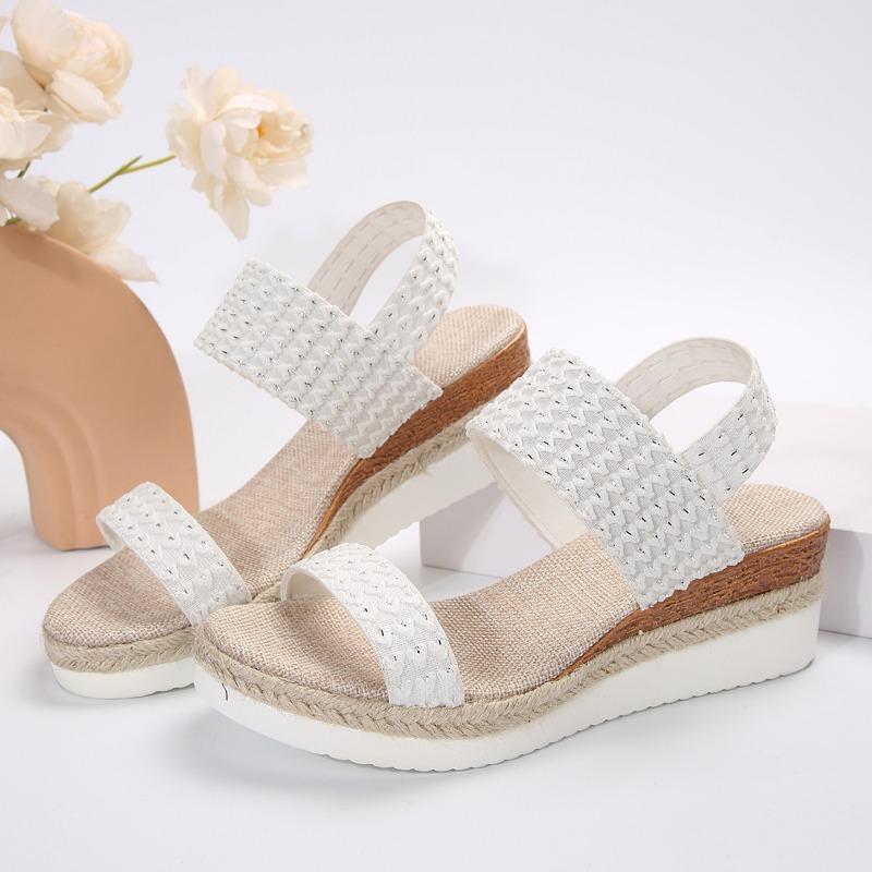 Large size one-word with wedge heel sandals women's buckle thick-soled woven lightweight beach cool slippers