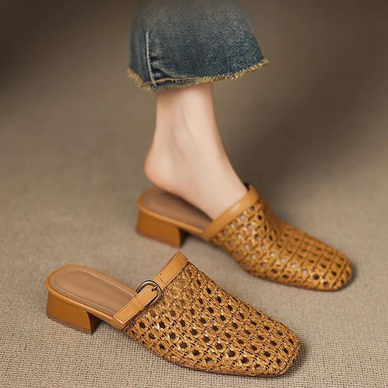 Perforované boty Prodyšné špičky Poloviční pantofle Boty s masivním podpatkem Boty na nízkém podpatku