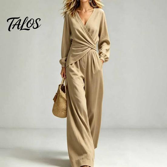 Lässiges Damen-Outfit, Damen-Langarm-2-Teiler-Sets, Oberteil mit unregelmäßigem Saum und V-Ausschnitt, Anzug aus Polyesterfaser und passende Wide-Leg-Hosen für Reise und Urlaub