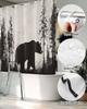 Split Shower Curtain For Transfer Bench, Black Bear Rustic Cabin Design, Waterproof Woodland Fabric With Hooks