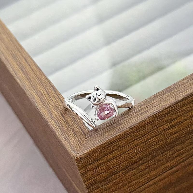 Light Luxury Sweet Cool Pink Cute Full Diamond Zir*****Pening Adjustable Ring Niche Design High-End Ring Woman