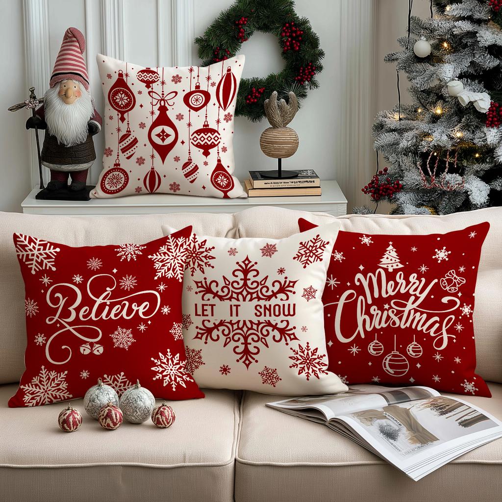 1/4 Pcs Red Christmas Pillowcase Snowflake Christmas Ball Pendant Pattern Cushion Cover Winter Holiday Home Decoration