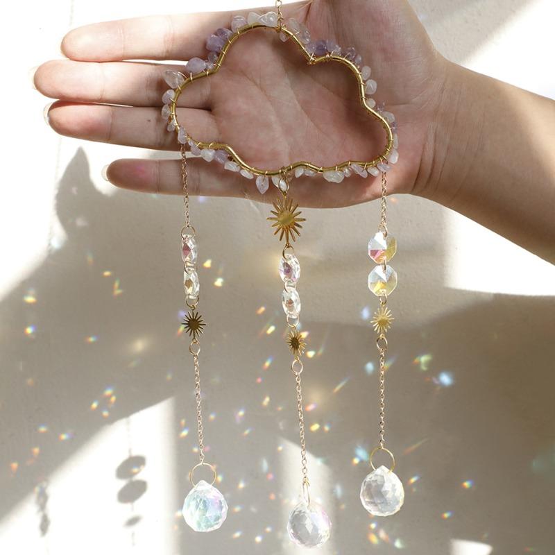 1pcs Natural Stone Cloud Shape Crystal Suncatcher Romantic Home Wall Hanging Decor Metal Chain Crystal Pendant