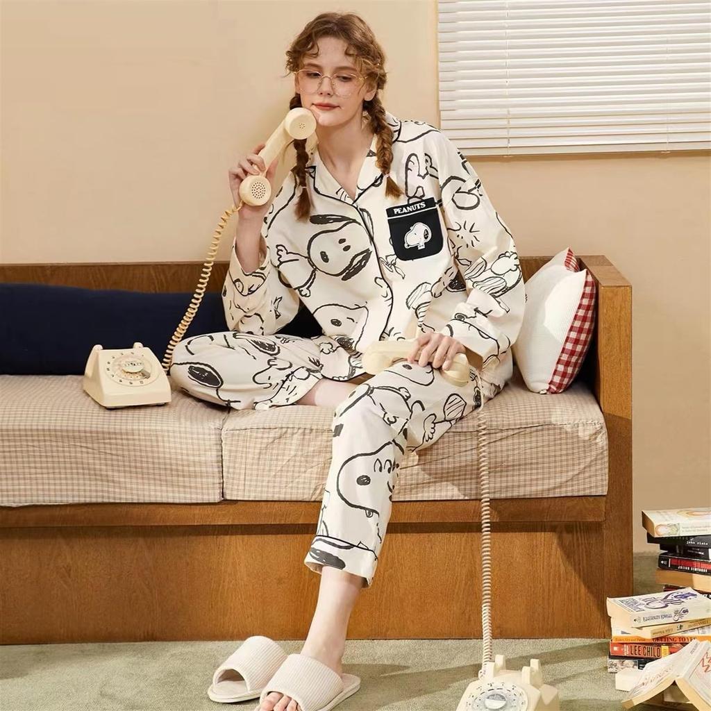 Snoopy Charlie Brown Pajamas Lounge Wear Top and Bottom Set Cotton Long Sleeve Open Front Loungewear Cute for Children Girls Adults Stylish Good