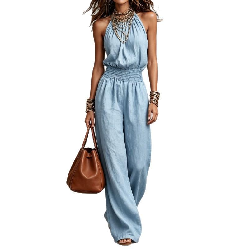 European and American cross-border foreign trade women's clothing 2026 summer sexy sleeveless backless waist strap neck wide leg jumpsuit women