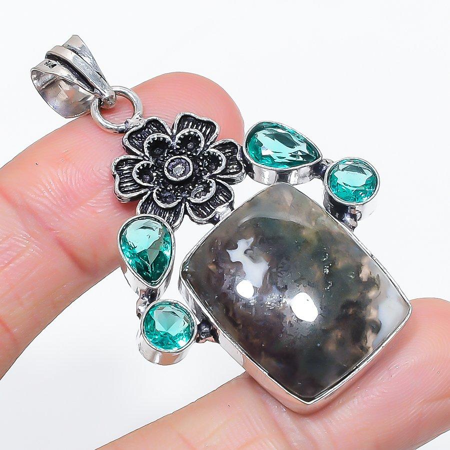 Natural Indian Moss Agate, Topaz 925 Sterling Silver Jewelry Pendant 2.21" P6H60