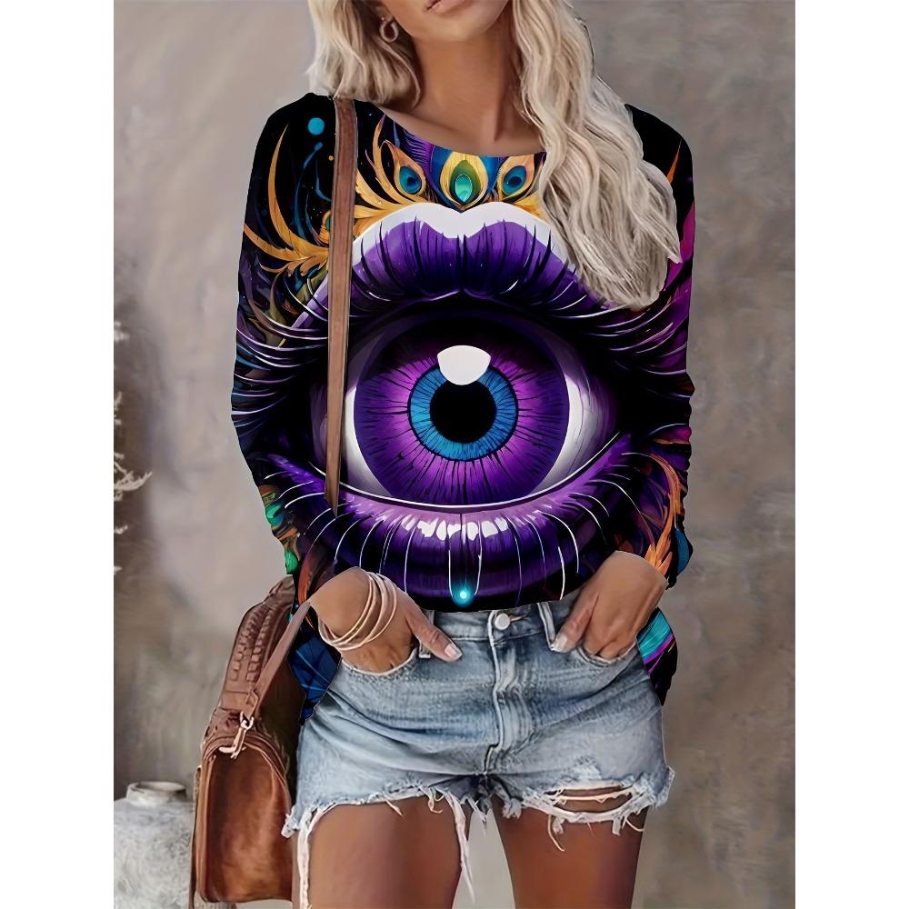 Fashionable Casual Round Neck Long Sleeved T-shirt Soft Comfortable Vintage Versatile Loose Creative Colorful Eyes 3d Printed Women's T-shirt