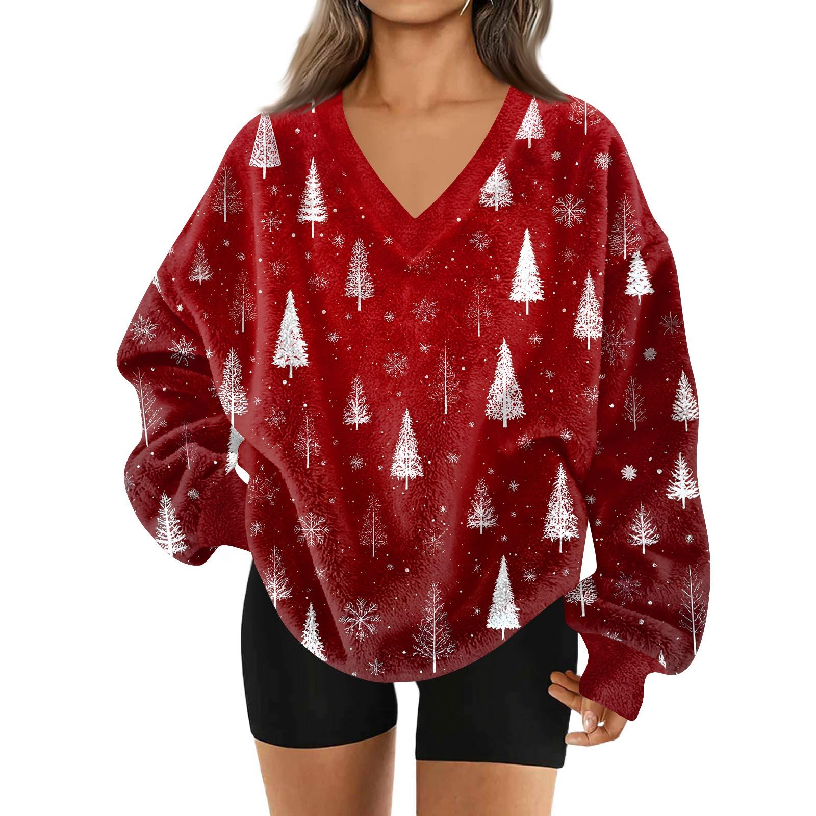 

Женская модная повседневная толстовка с длинным рукавом и V-образным вырезом с рождественским принтом M