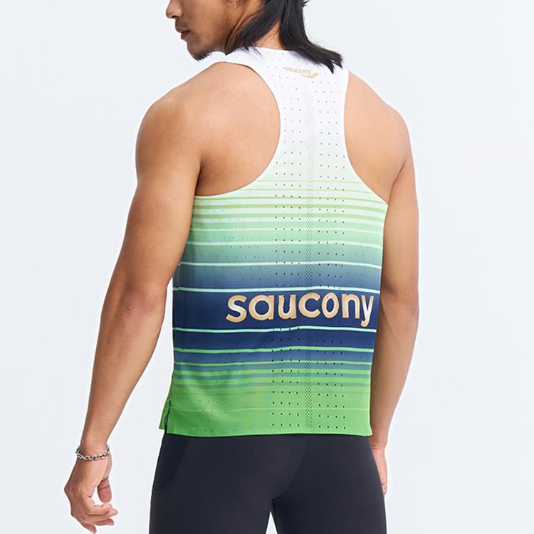 Saucony Striped Print Marathon Racing Breathable Lightweight Pullover Round Neck Sleeveless Vest Men Tops Green-Gradient SC2239272A-PR80