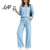Pullover Sweatpants Set Women Sweatshirt Pants 2-Piece Set V-Neck Long Sleeve Top & Wide Lounge Sets Leg Trousers with Elastic Waist Solid