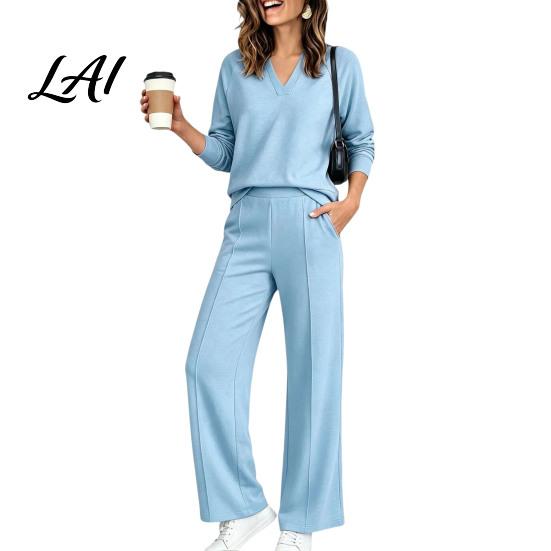 Pullover Sweatpants Set Women Sweatshirt Pants 2-Piece Set V-Neck Long Sleeve Top & Wide Lounge Sets Leg Trousers with Elastic Waist Solid