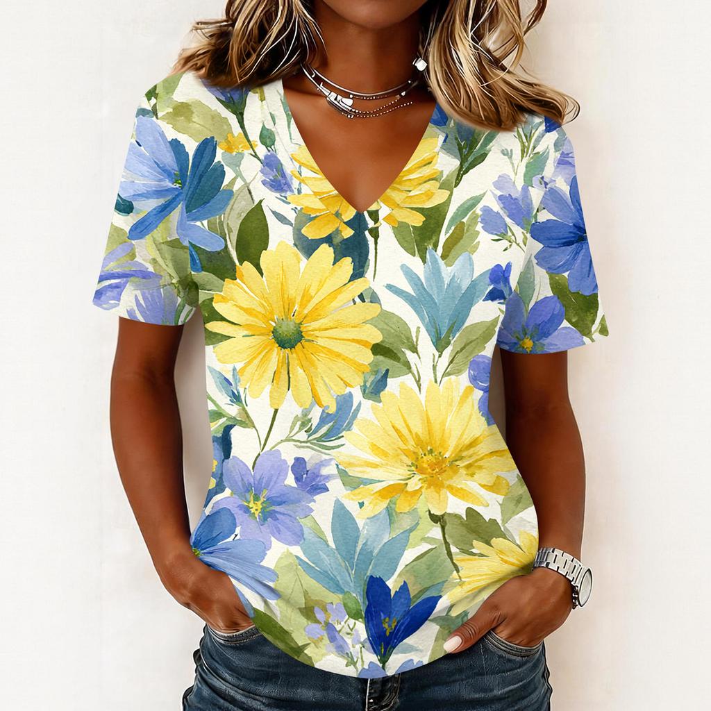 Modisches lässiges Damen-Pullover-Oberteil mit kurzen Ärmeln und Blumenprint, V-Ausschnitt