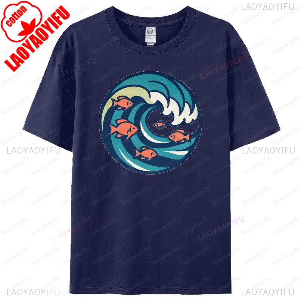 Wave and Goldfish TShirt Ocean Graphic Tee Sea Lover Gift Modern Art Men Summer Shirt Casual Daily Life Women Cotton Tops