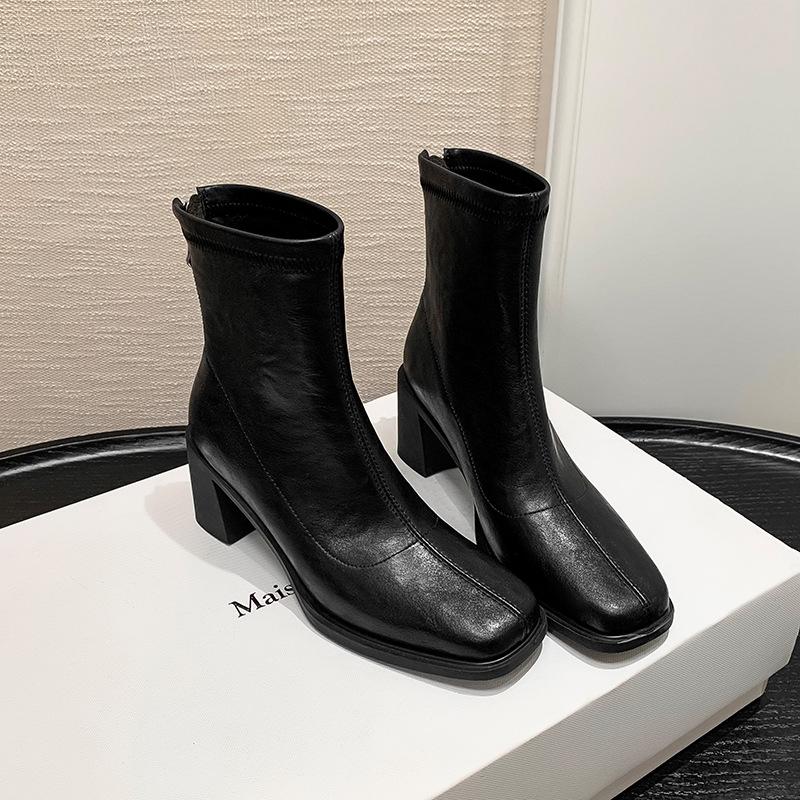 

6.5CM British style fashion simple temperament thin boots autumn new square head thick heel rear zipper commuting short boots 40