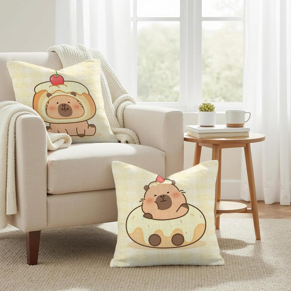 Cute Cartoon Capybara Cushion Cover Natural Linen Organic Fabric DoubleSided Printing Couch Pillow Covers Home Decor