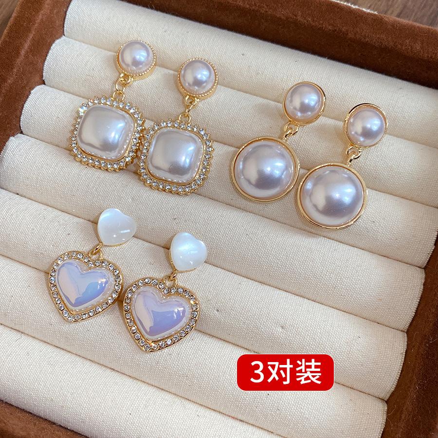 Silver Needle Diamond Pearl Oil Drop Flower Earrings Eight-piece Set French Retro Stud Earrings Light Luxury Premium Earrings