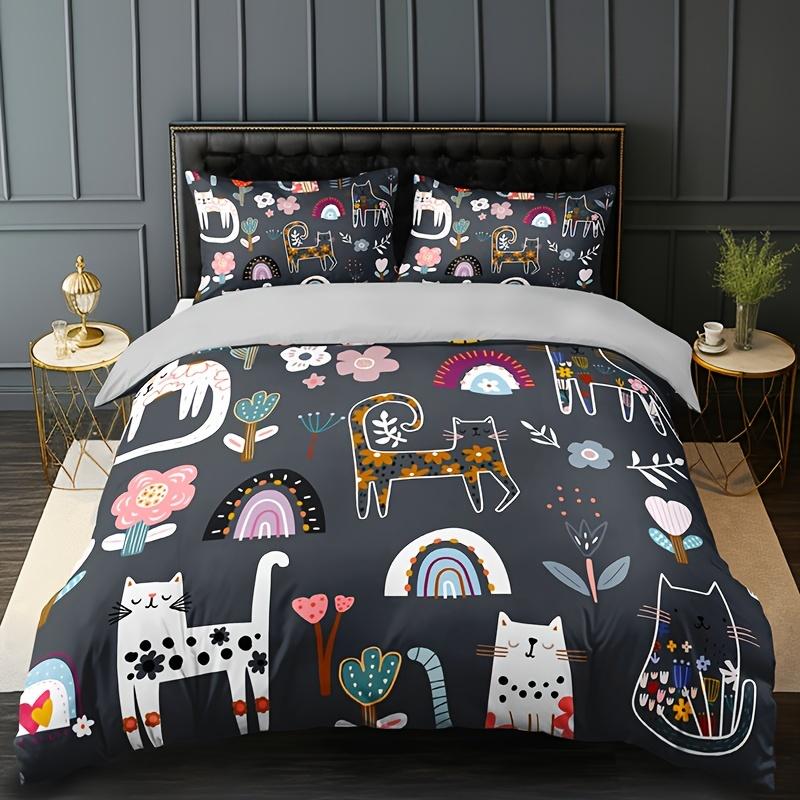 

High-Definition Printed Casual Cat Flower Quilt Cover Set Soft Breathable Ideal For Home Dormitory 1 Quilt Cover+2 Pillowcases 135X200cm