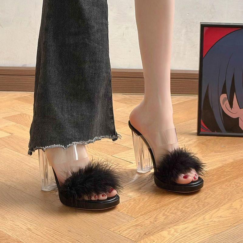 Transparent Crystal High Heels Fashion Temperament Fashion Platform Slippers 2025 Summer Thick Heel Open Toe Fluffy Shoes Sandals