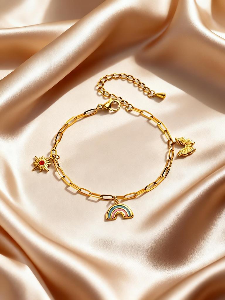 Dainty Sun Rainbow Butterfly Charm Bracelets for Women, 18K Gold Plated Stainless Steel Adjustable Bracelet, Trendy Jewelry