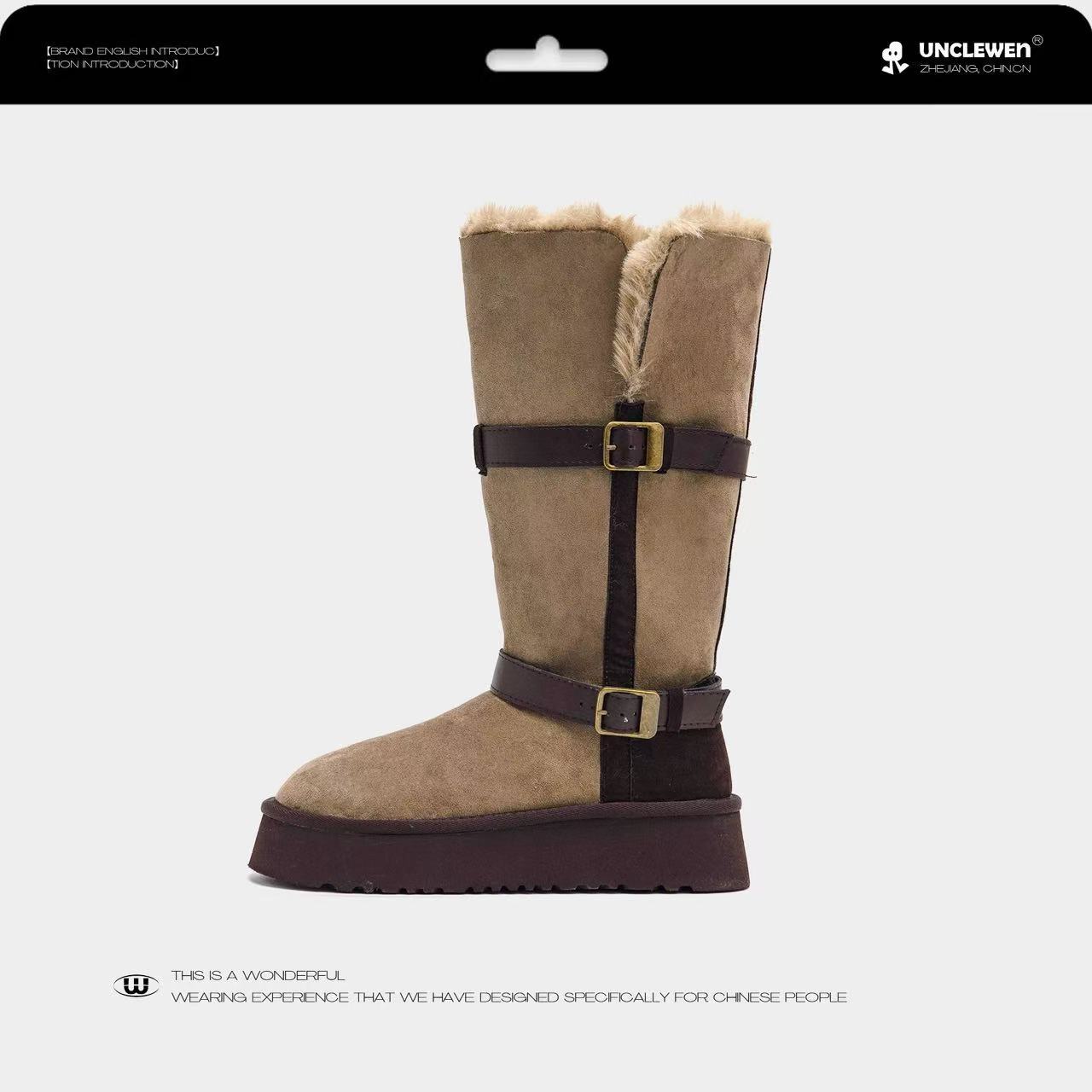 

Sheepskin integrated snow boots women s new retro round head flat bottom fleece tube snow cotton but knee boots 40