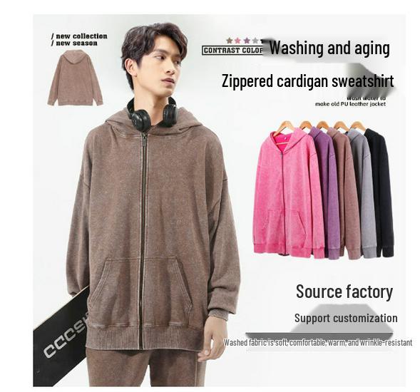 Unisex 400g Vintage Washed Zipper Hoodie - Retro Oversized Sweatshirt Jacket