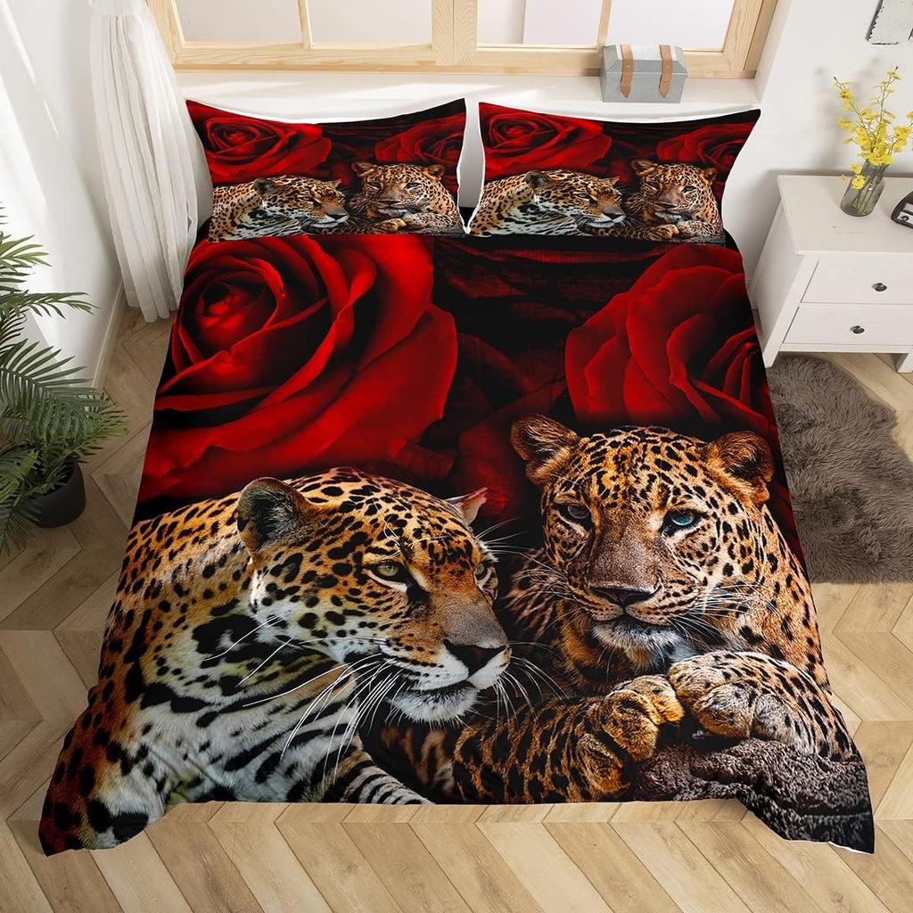 Leopard Bedding Set Wild Cheetah Comforter Cover Rose Romantic Floral Duvet Cover For Boys Girls Room Decor Twin Full Queen King