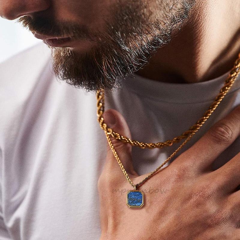 Königliche quadratische Herrenhalskette, Anhänger aus Tigerauge, Anhänger aus Lapislazuli. Römische Anhängerhalsketten aus Edelstahl
