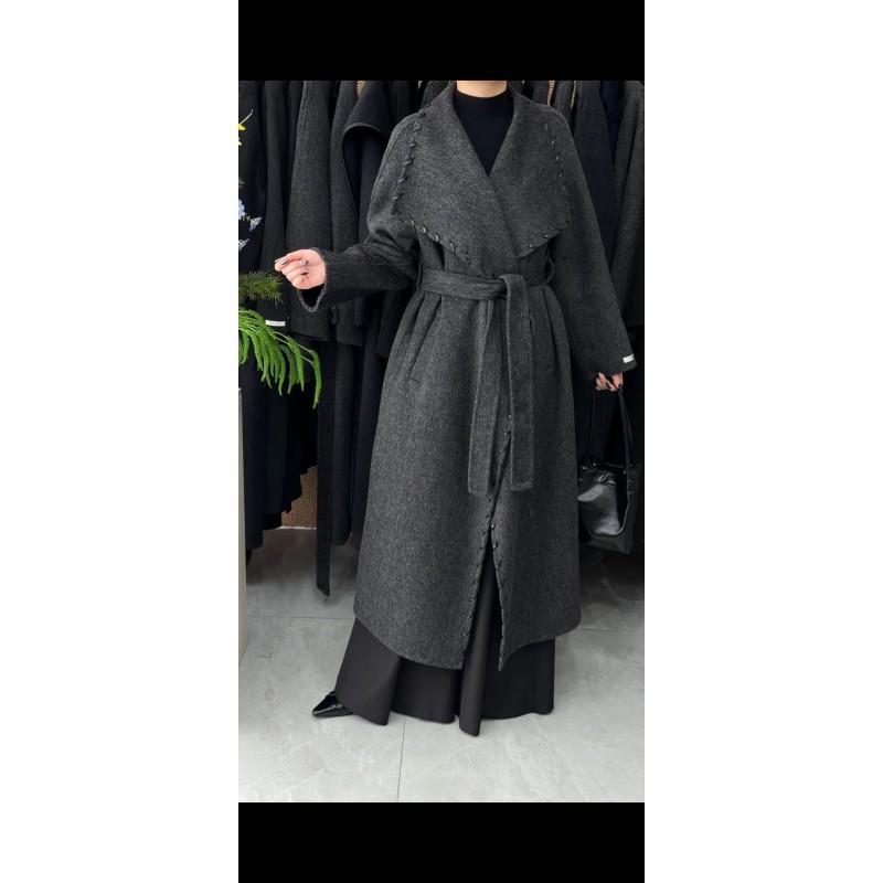 Womens Double-Faced Wool Coat Mid-Length Hand-Stitched Leather Trim Oversized Lapel Chic Korean Style Outerwear