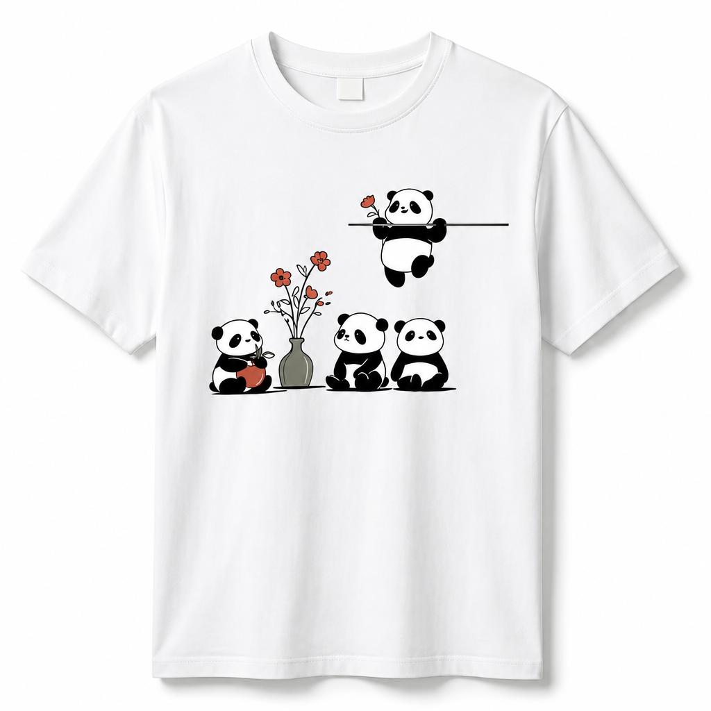 Cute Panda Flower Pattern WoUnisexs Retro Aesthetic Casual Soft Cotton Tshirt Flower Pattern Animal Printed Top