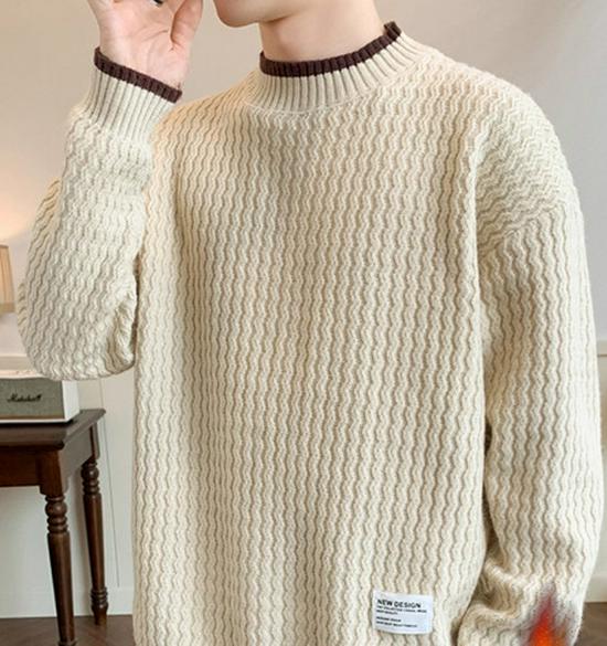 Men s Trendy Wave Pattern Sweater - Autumn/Winter Casual Knitwear Set, Loose Round Neck Style Large