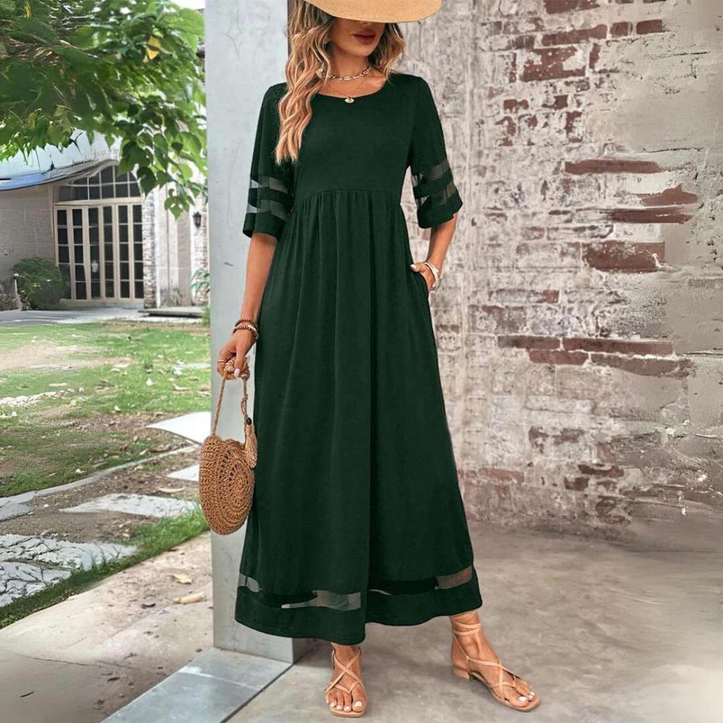Plus Size Women's Mesh Sleeve Patchwork Pocket Dress