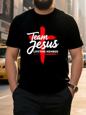 European Sizes Men'S Plus Size T-Shirt - Black Crew Neck,  Colorful Family Theme with Cross Design, Casual Summer Tee for Adults, Casual Summer Wear