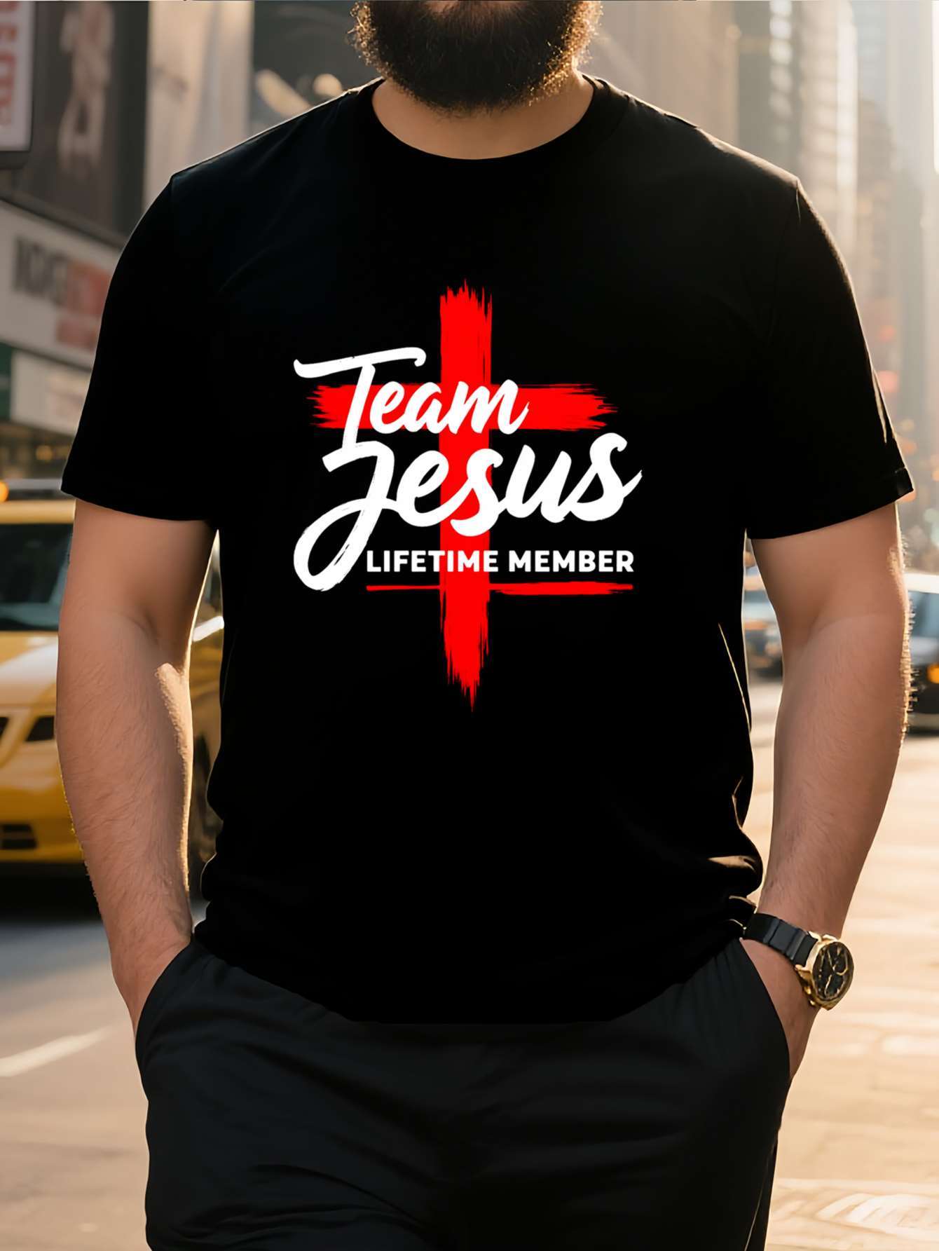 

European sizes Men S Plus Size T-Shirt - Black Crew Neck, Colorful Family Theme with Cross Design, Casual Summer Tee for Adults, Casual Summer Wear 4XL чорний