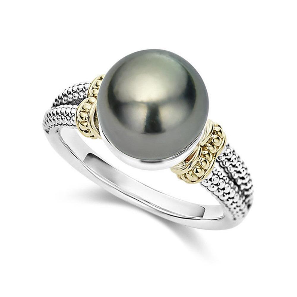 

925 Silver Plated Gray Pearl Ring for Women Elegant Round Engagement Wedding Band Jewelry Gift no. 6