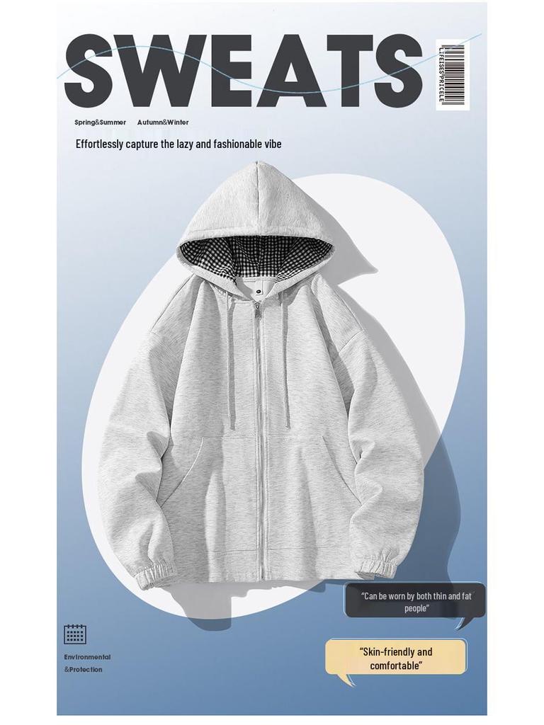 Autumn Winter Unisex Heavyweight Loose Hooded Cardigan - Trendy Solid Color Men's Outerwear
