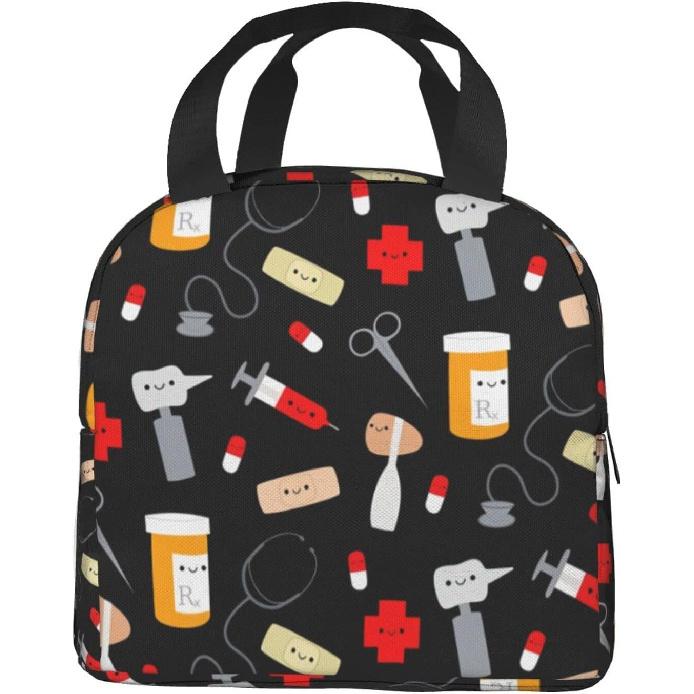 Nurse Theme Lunch Bag for Women Insulated Tote Bag Reusable Cooler Lunch Box for Work Picnic Travel, One Size