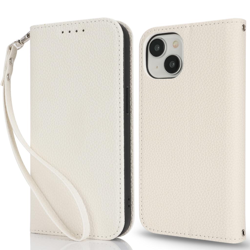 Stand Case for iPhone 15 Litchi Texture Leather Flip Phone Cover with Strap/Wallet