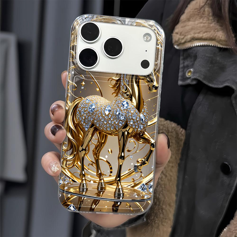 Pattern Diamond-Encrusted Golden Horse Phone Case For Iphone 17 Pro Max 16 15 Pro 14 13 12 11 17 Air 16 Plus Soft Clear Cover