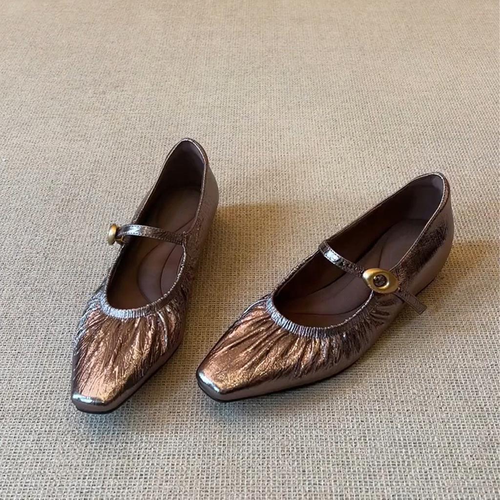 Cowhide version~ French Xiaoxiangfeng retro square head pleated one-word buckle with Mary Jane shoes women's shallow commuting shoes