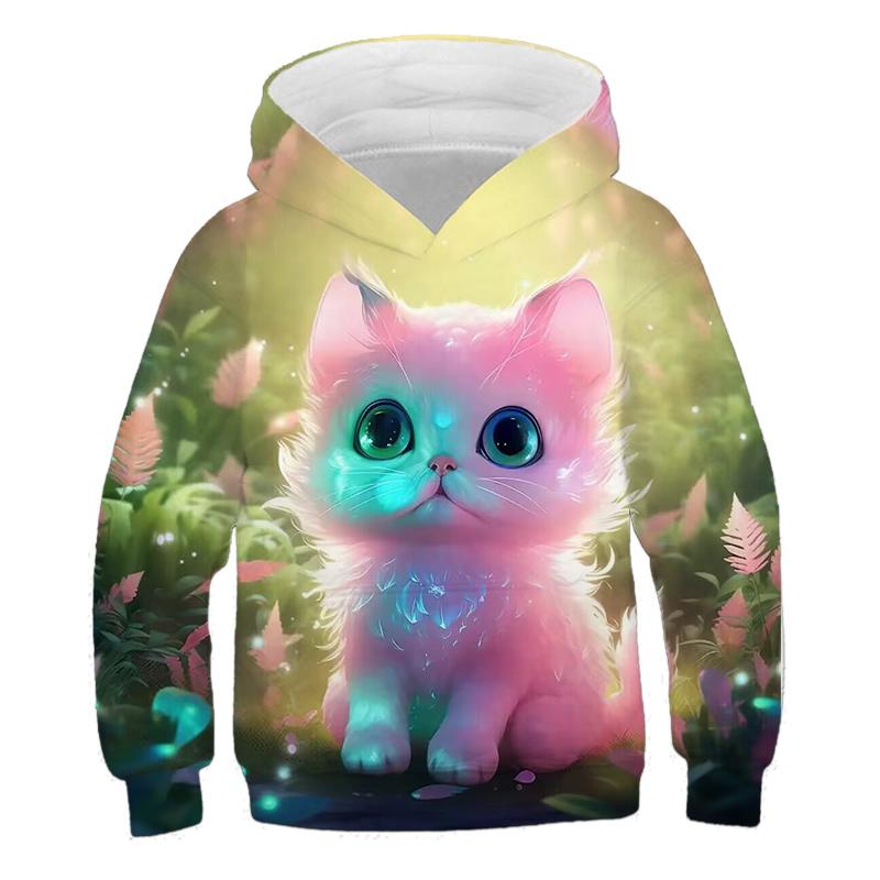 Barnkläder Flicka Huvtröjor Långärmade Tecknad 3D Katttryck Barn Vår Höst Kläder Fritidskläder Söt Utomhusflicka Kläder Toppar