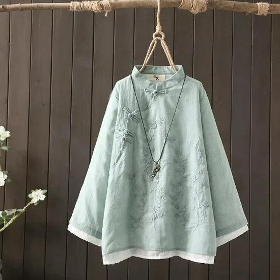 Women's 2024 Retro Embroidered Cotton-Linen Button-Up Shirt - Chinese Zen Tea Service, Loose Fit, Round Neck.