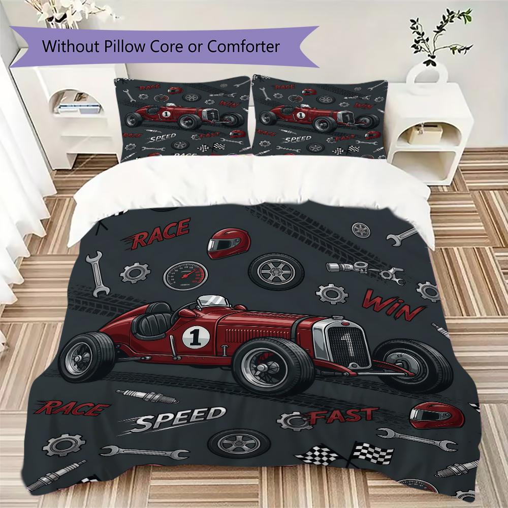 Racing Car Retro Clock Pattern Bedding Uilt Set Uilt Cover Pillowcase Home Decoration Birthday Gift (1 * Duvet Cover + 2 * Pillowcase Without Core)