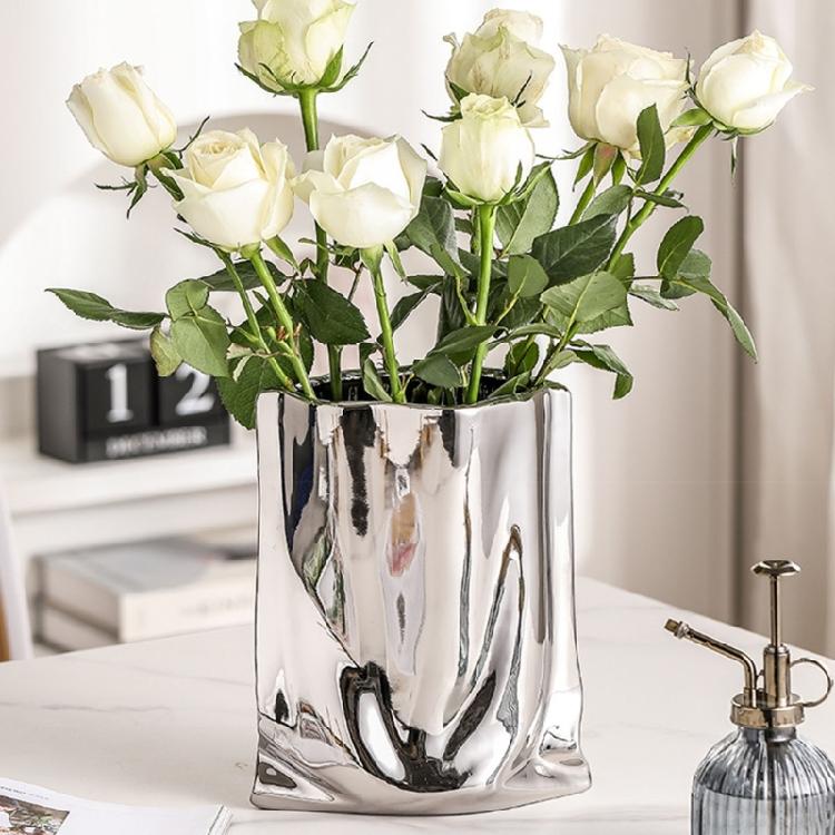 Decorative Electroplated Ceramic Vases With Handmade Pleats Living Room Decoration For Plant And Flowers