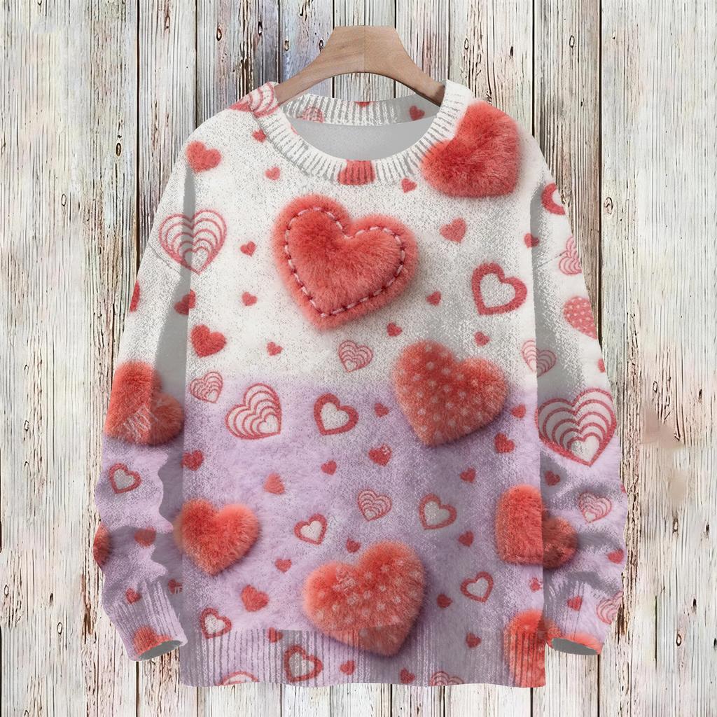 Women's Fashion Casual Long,Sleeve Valentine's Day Round,Neck Knit Pullover Top