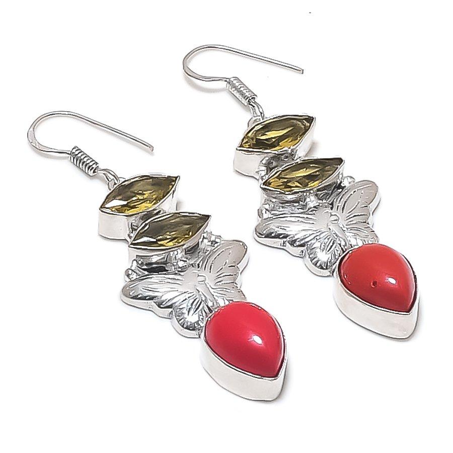 Natural Red Coral, Citrine Gemstone 925 Sterling Silver Earring 2.36" h8i03
